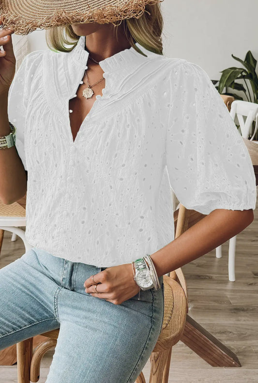 White Embroidered Puffy Blouse