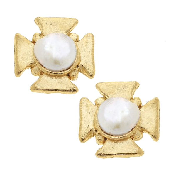 Susan Shaw Maltese Cross Pearl Studs