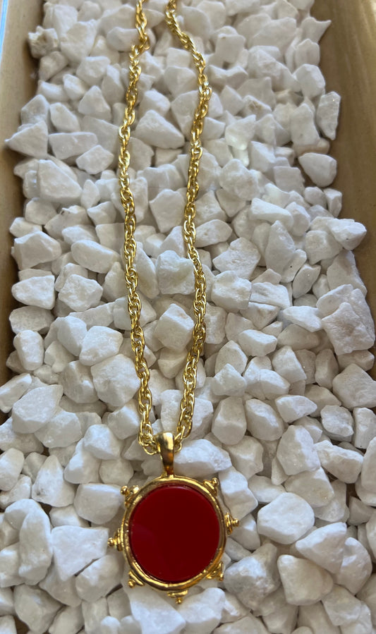 Red Coral Pendant Gold Rope Chain