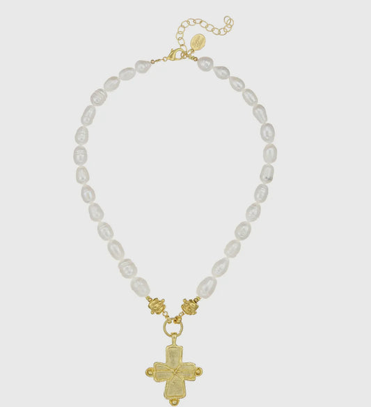 Gold Cross Pearl Necklace