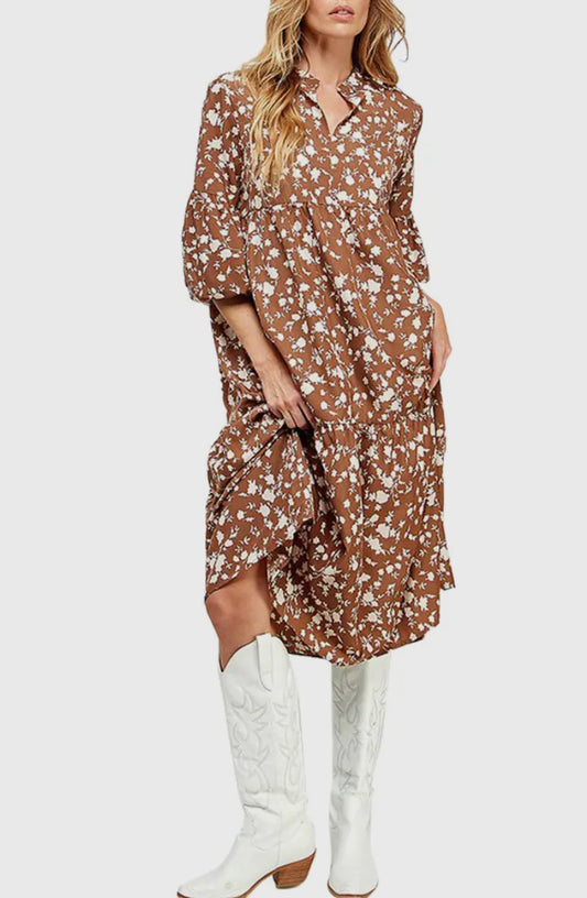 Brown & Cream Collar Floral Midi Dress