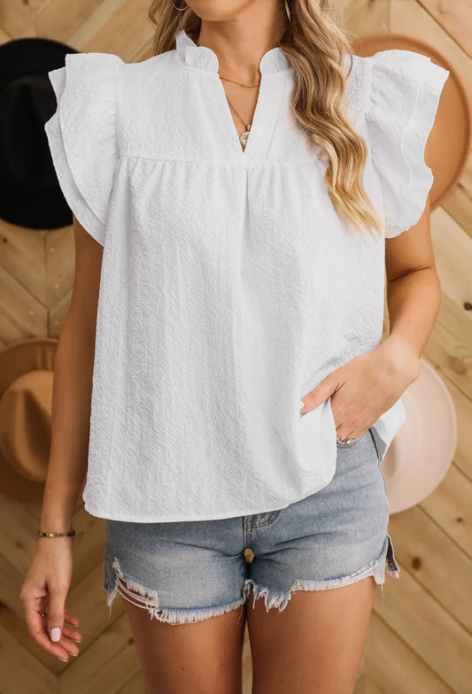 Textured White Butterfly Sleeve Top