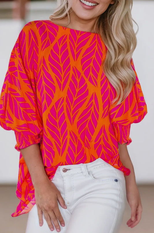 Tropical Print Smocked Puff Sleeve Blouse