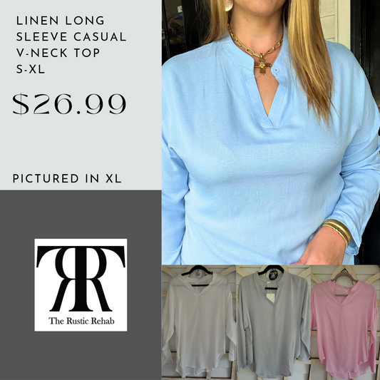 Linen Long Sleeve Casual V-Neck Top