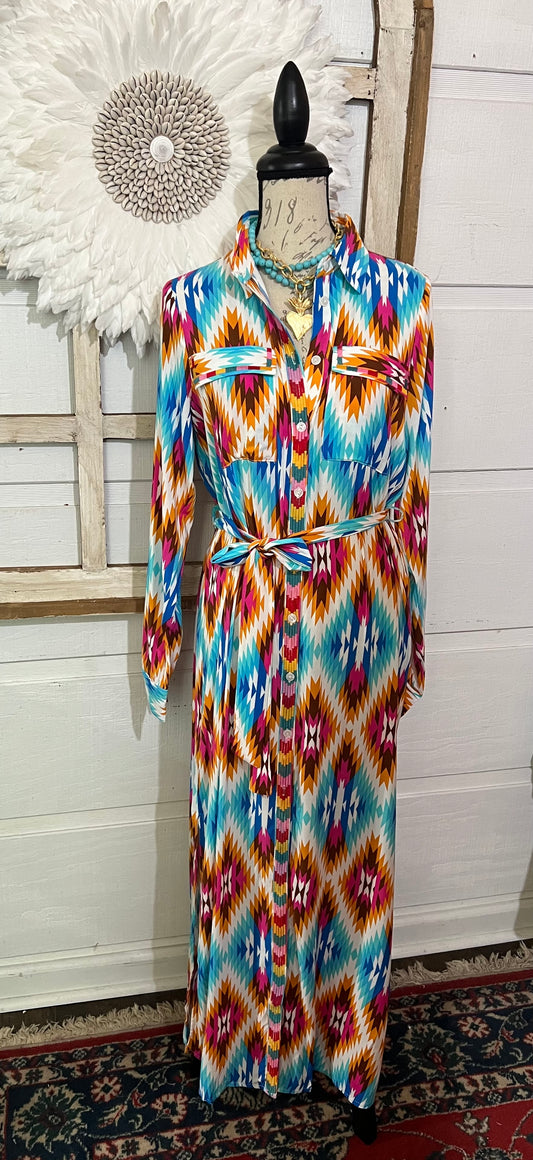 Button Down Print Maxi Shirt Dress