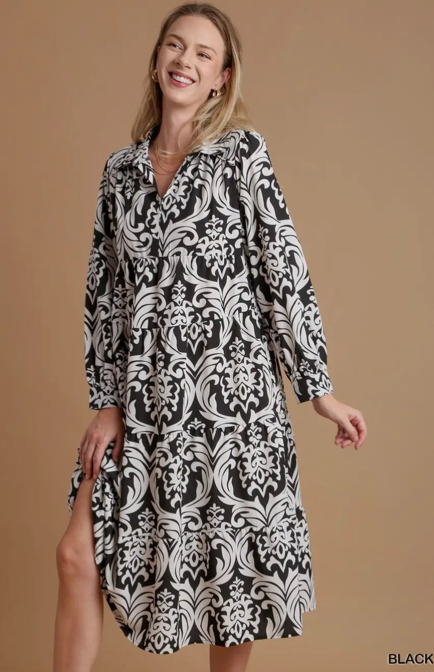 Black & White Long Sleeve Print Dress