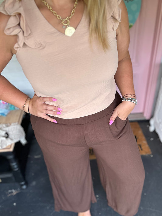 Crinkle brown stretch waistband pants