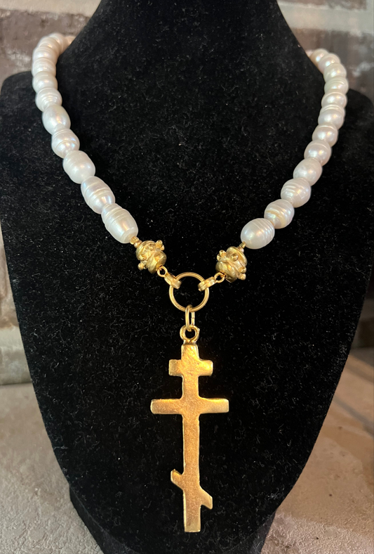 Susan Shaw Orthodox Cross Pearl Necklace