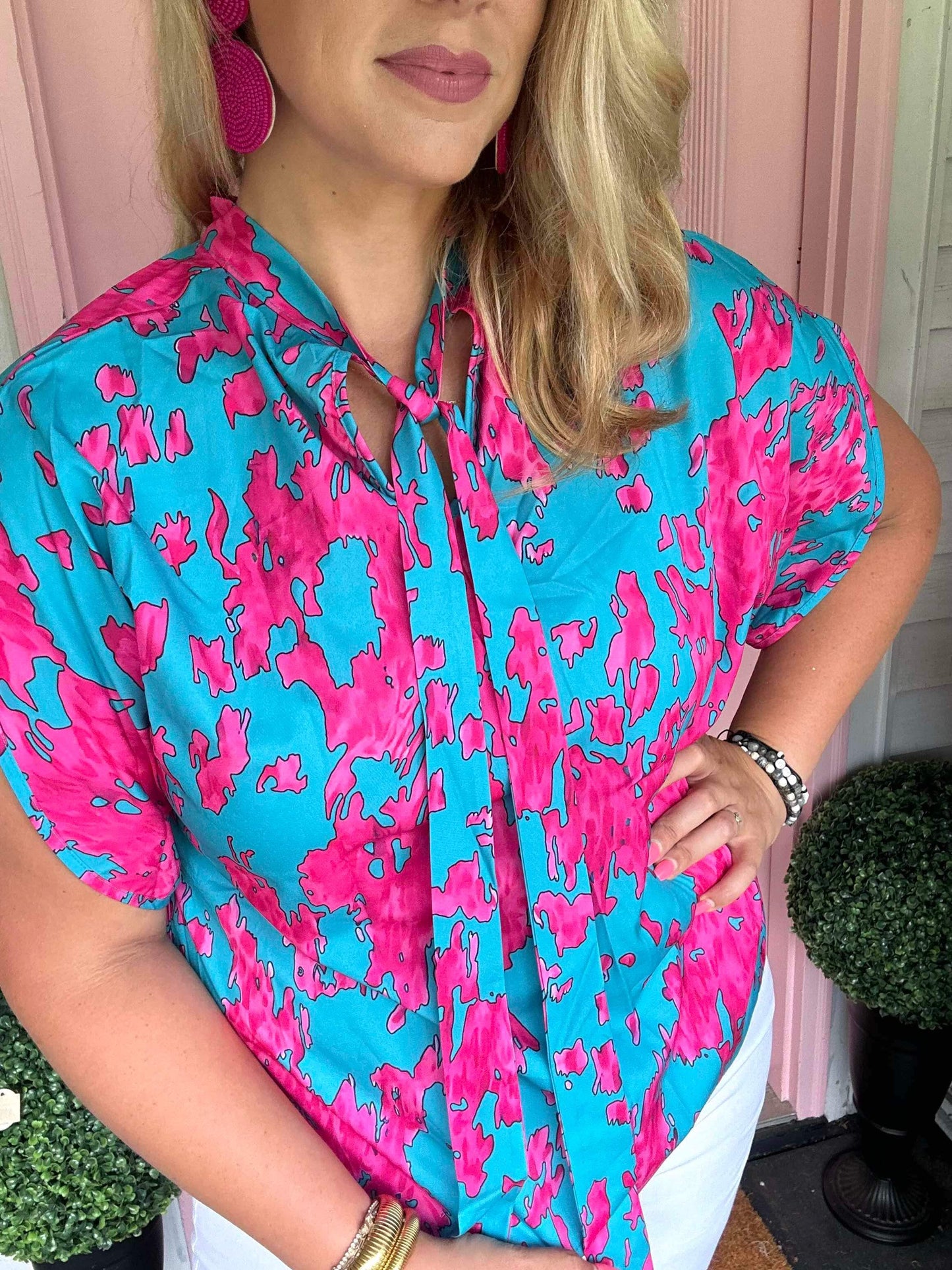 Hot pink coral and teal tie detail top