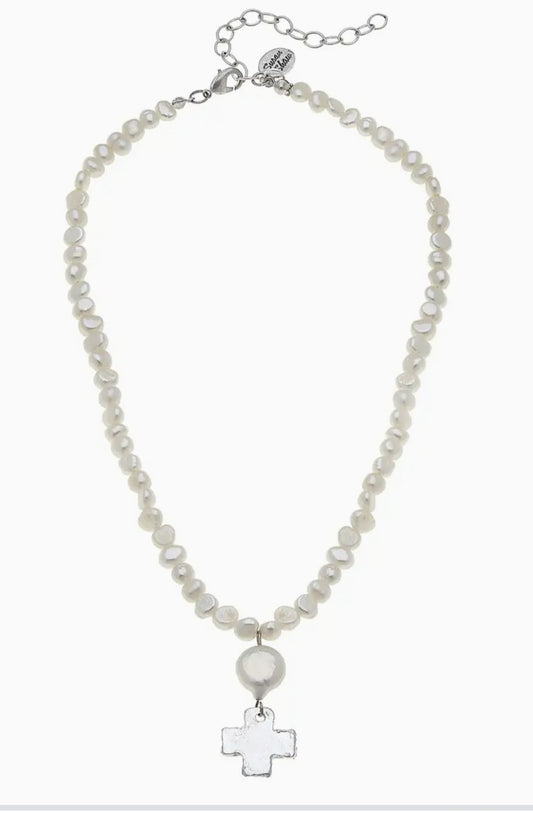 Susan Shaw Dainty Silver Cross & Coin Pearl Necklace