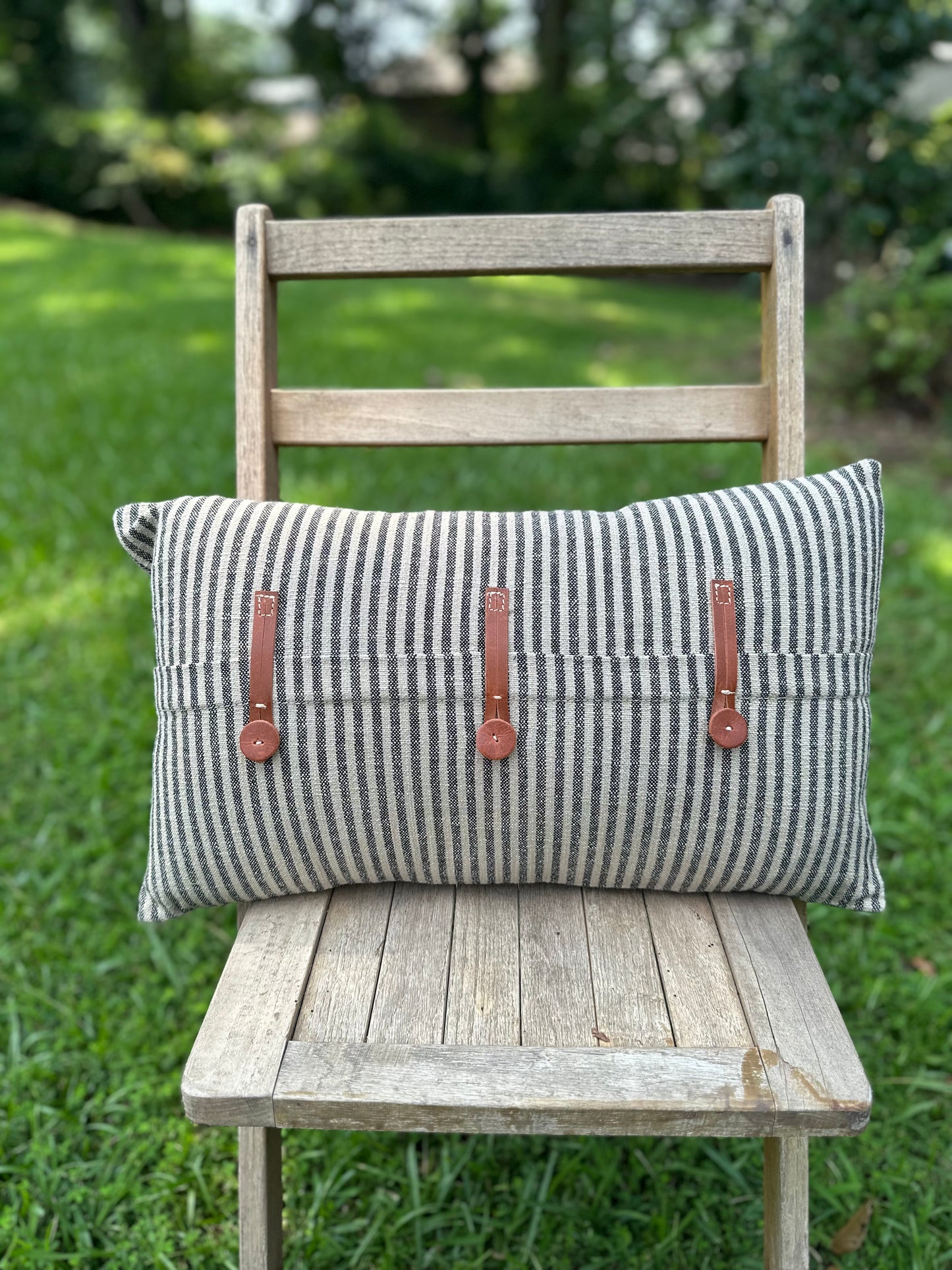 Striped Cotton w/Leather Trim Pillow